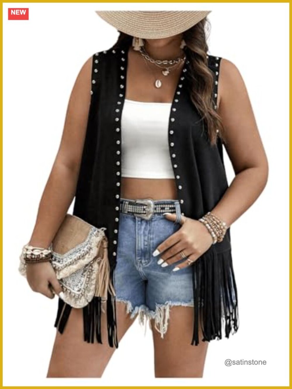 Women's Plus Size Fringe Vest Faux Suede Studded Sleeveless Tassel Jacket
